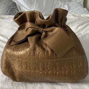 Carolina Herrera Golden Brown Embossed Leather Bow Bucket Shoulder Bag